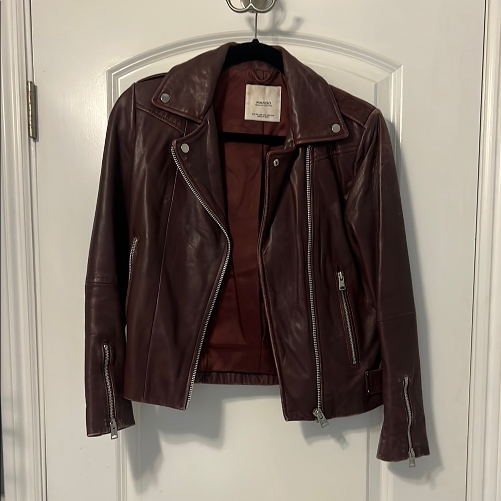 Mango burgundy genuine Leather Jacket